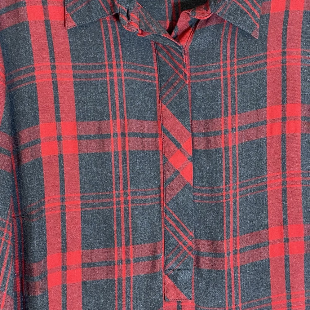 Cabi Top Womens Medium Red Black Plaid 1/2 Button Up Blouse Hi Low Festive Boho - Picture 7 of 16